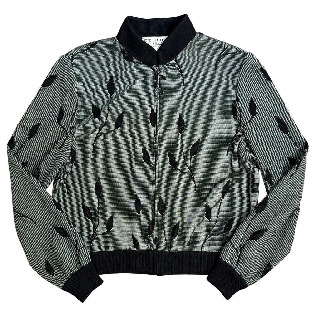 VTG St. John Bomber Jacket Santana Knit Leaves Full Zip Marie Gray Women’s Sz 2